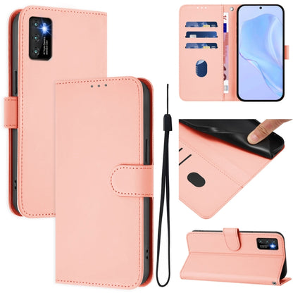 Light pink leather flip wallet phone case with lanyard, magnetic front and card holder