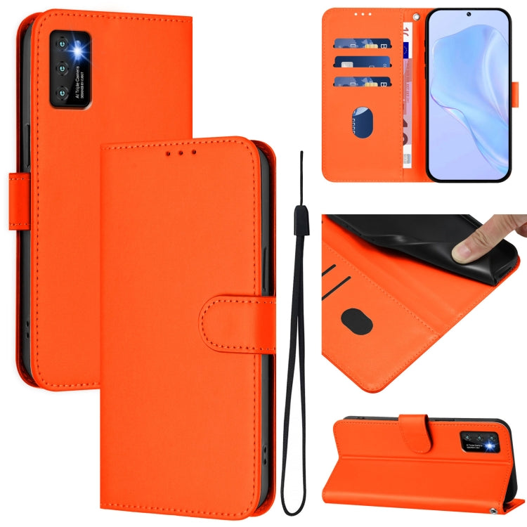 Orange leather flip wallet phone case with lanyard, magnetic front and card holder