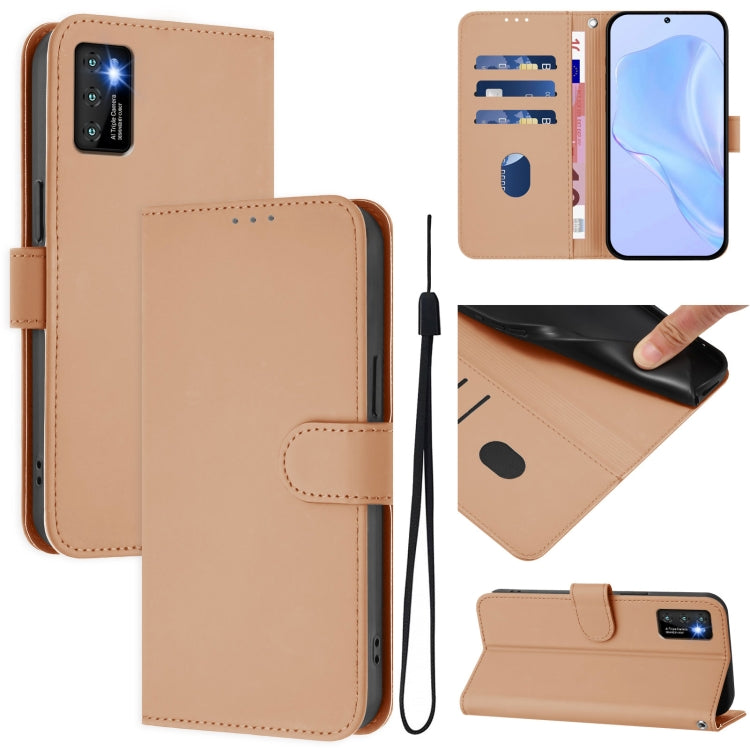 Beige leather flip wallet phone case with lanyard, magnetic front and card holder