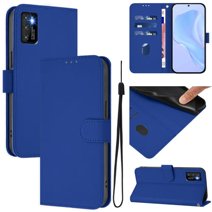 Navy blue leather flip wallet phone case with lanyard, magnetic front and card holder