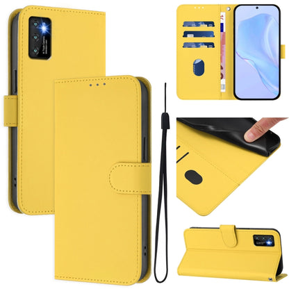 Leather phone case with lanyard, yellow folio design with flip cover and card slot