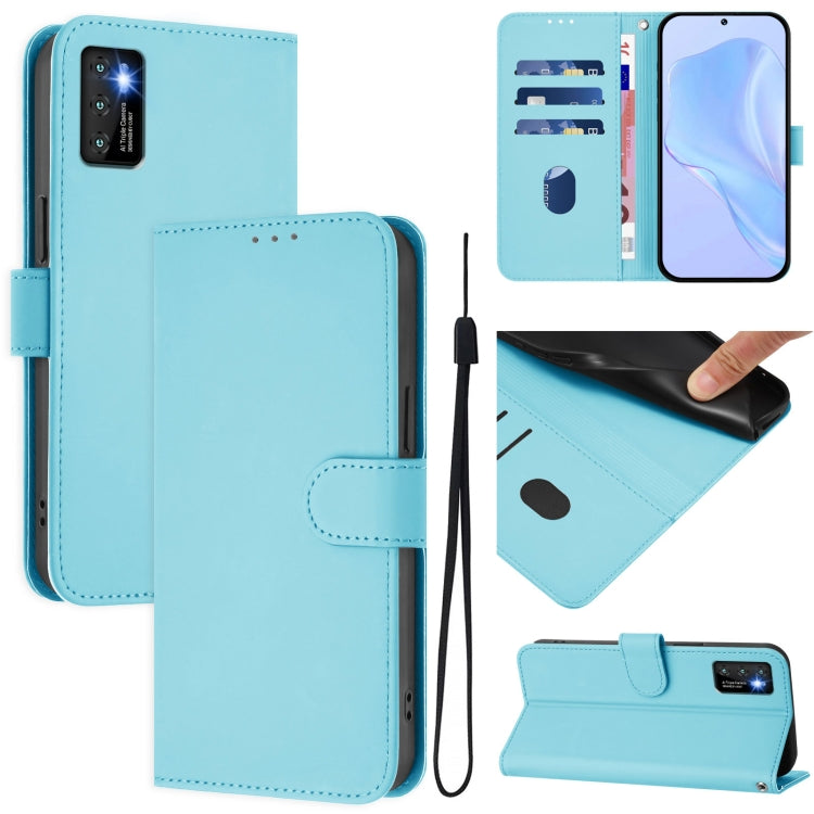 Leather phone case with lanyard, light blue folio design with flip cover and card slot