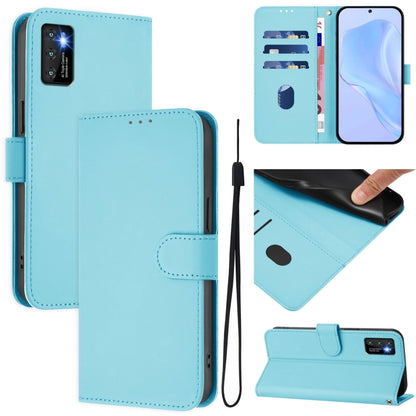 Leather phone case with lanyard, light blue folio design with flip cover and card slot