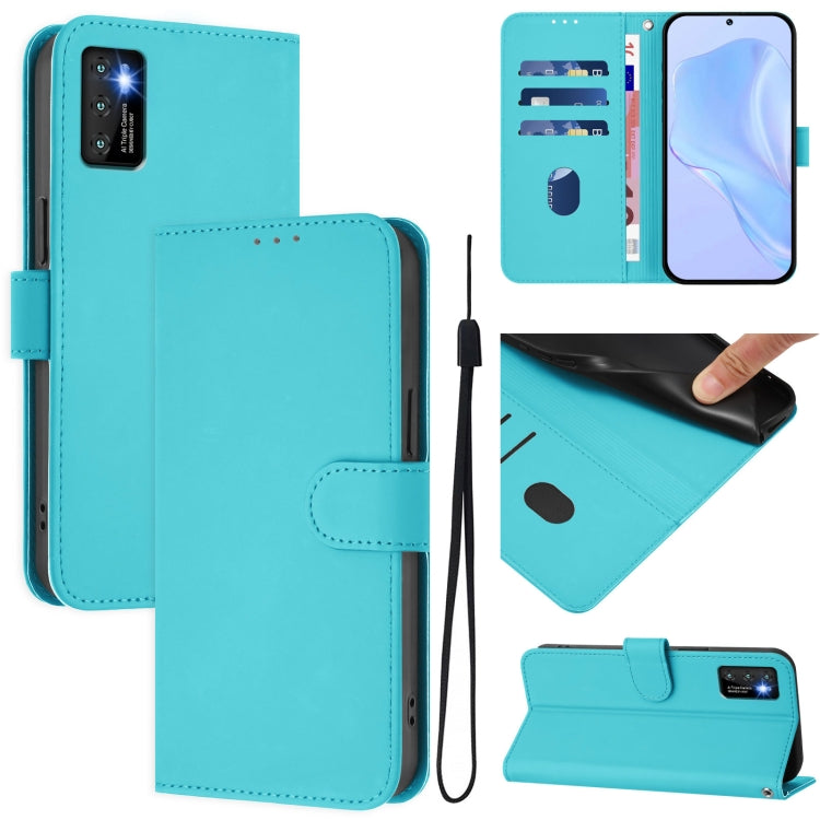 Leather phone case with lanyard, turquoise folio design with flip cover and card slot