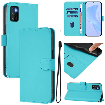 Leather phone case with lanyard, turquoise folio design with flip cover and card slot