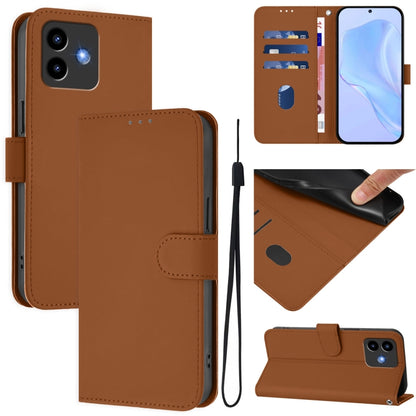 Brown leather phone case with lanyard, folio wallet design and card slots, stand view