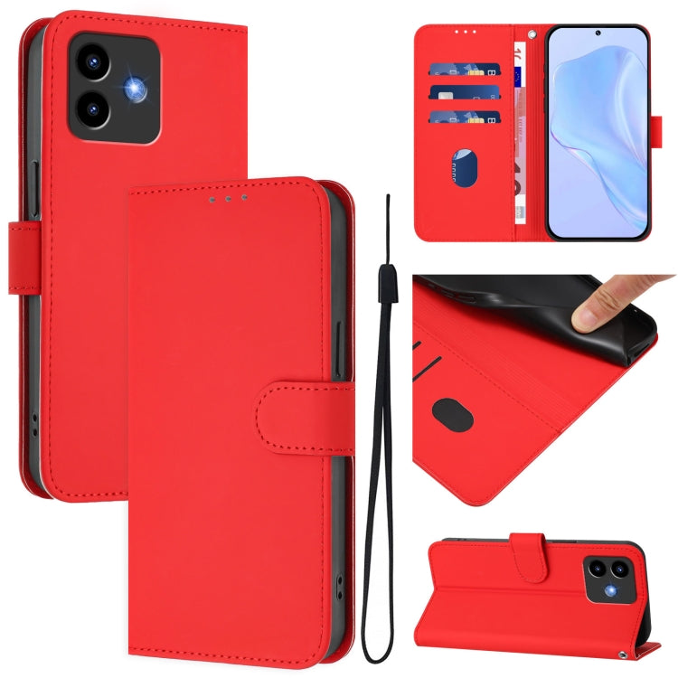 Red leather phone case with lanyard, folio wallet design and card slots, stand view