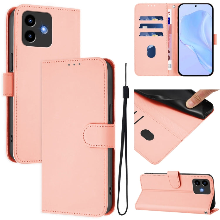 Blush pink leather phone case with lanyard, folio wallet design and card slots, stand view