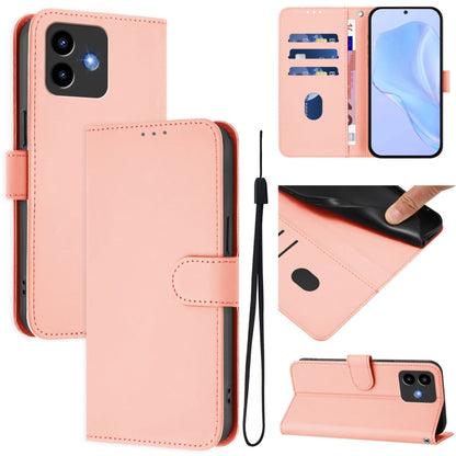 Blush pink leather phone case with lanyard, folio wallet design and card slots, stand view