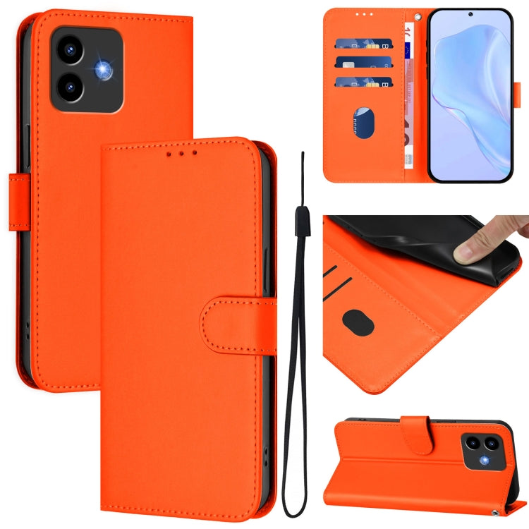 Orange leather phone case with lanyard, folio wallet design and card slots, stand view