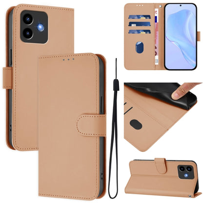 Nude leather phone case with lanyard, folio wallet design and card slots, stand view