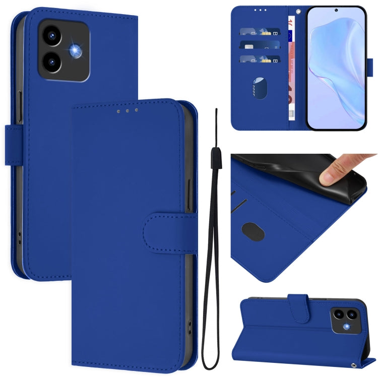 Dark blue leather phone case with lanyard, folio wallet design and card slots, stand view
