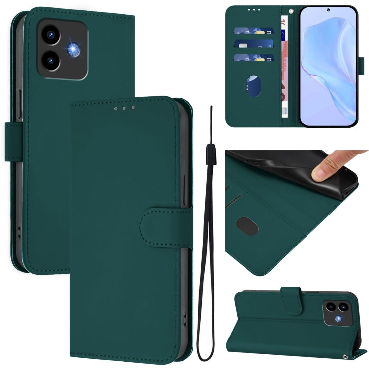 Dark green leather phone case with lanyard strap and foldover cover