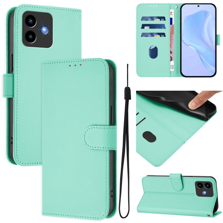 Mint green leather phone case with lanyard strap and foldover cover