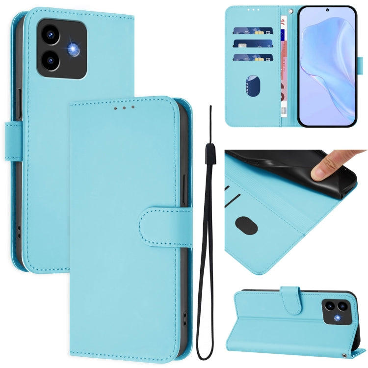Light blue leather phone case with lanyard strap and foldover cover