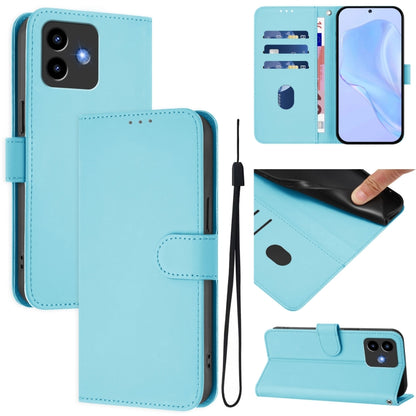 Light blue leather phone case with lanyard strap and foldover cover