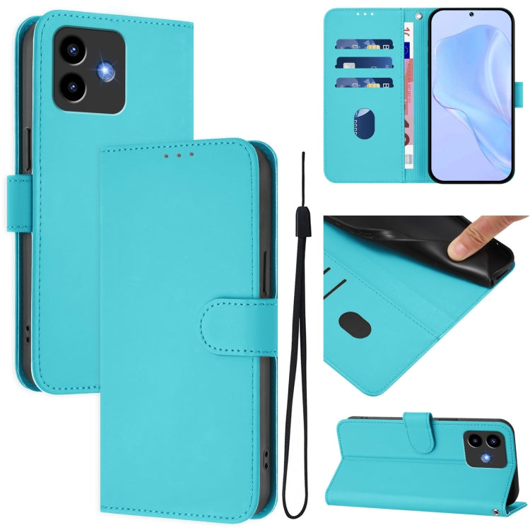 Teal leather flip wallet phone case with lanyard, magnetic front and card holder