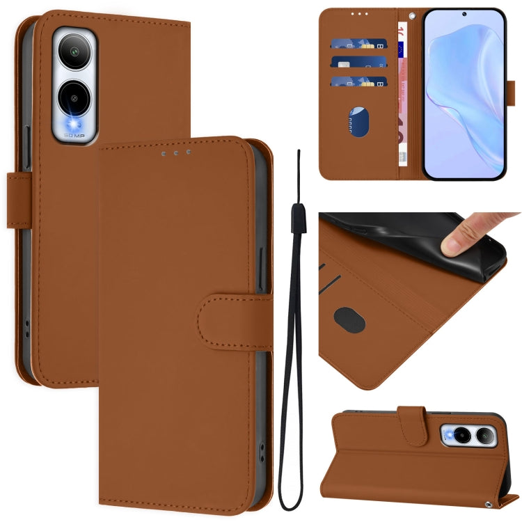 Brown leather phone case with lanyard, folio wallet with card slots and magnetic flap
