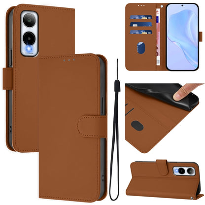 Brown leather phone case with lanyard, folio wallet with card slots and magnetic flap