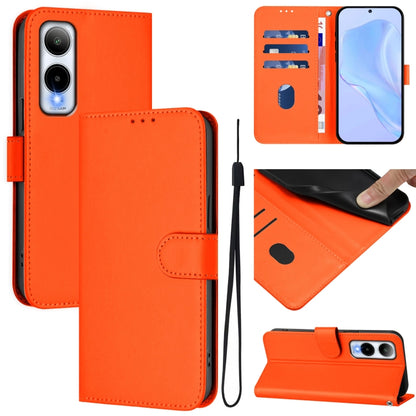 Orange leather wallet phone case with lanyard, flip cover, and camera cutout
