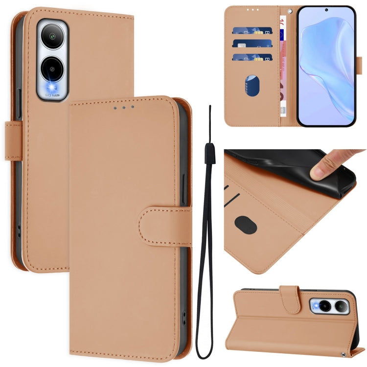 Tan leather wallet phone case with lanyard, flip cover, and camera cutout