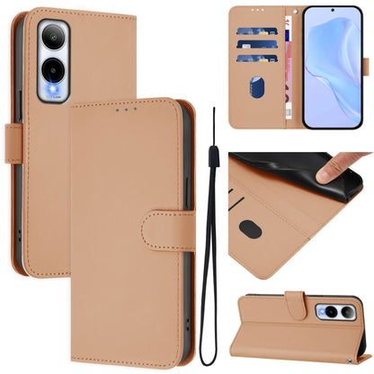 Tan leather wallet phone case with lanyard, flip cover, and camera cutout