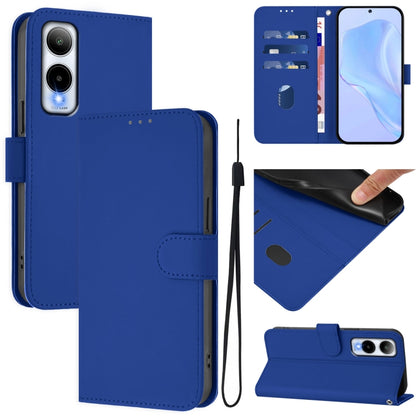 Blue leather wallet phone case with lanyard, flip cover, and camera cutout