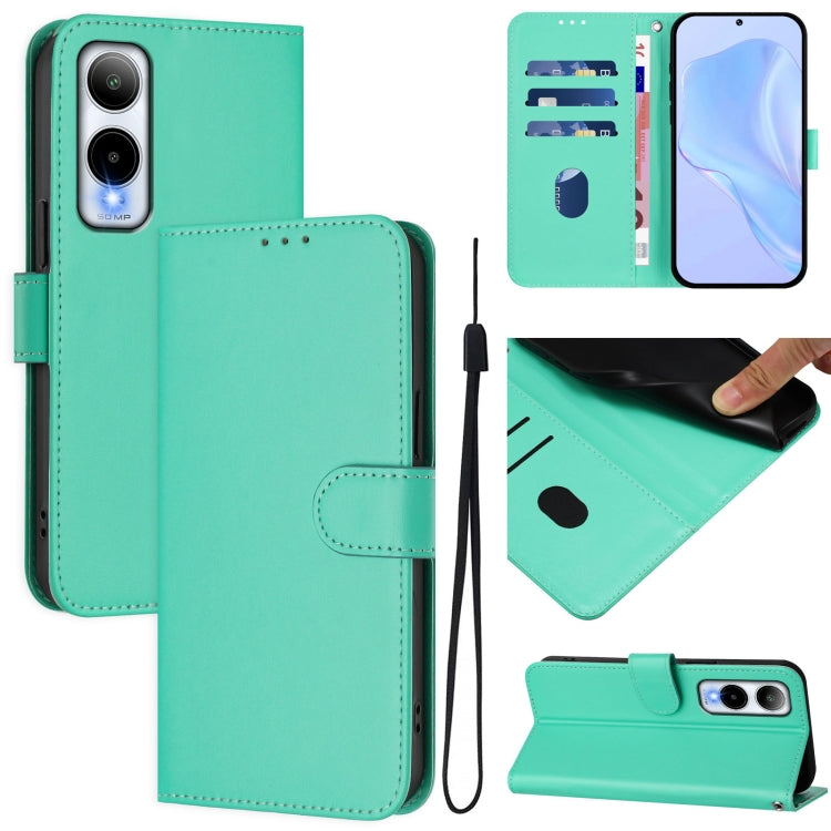 Mint green leather wallet phone case with lanyard, flip cover, and camera cutout