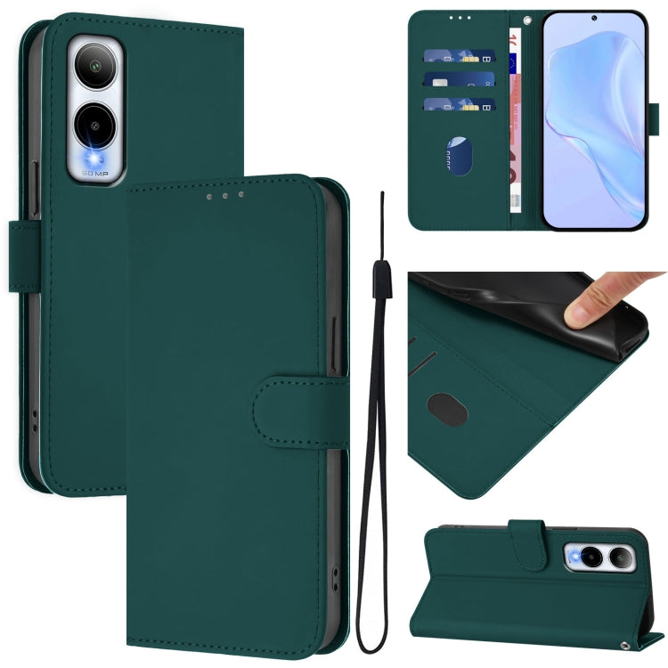 Dark green leather wallet phone case with lanyard, flip cover, and camera cutout