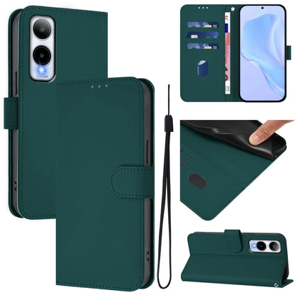 Dark green leather wallet phone case with lanyard, flip cover, and camera cutout