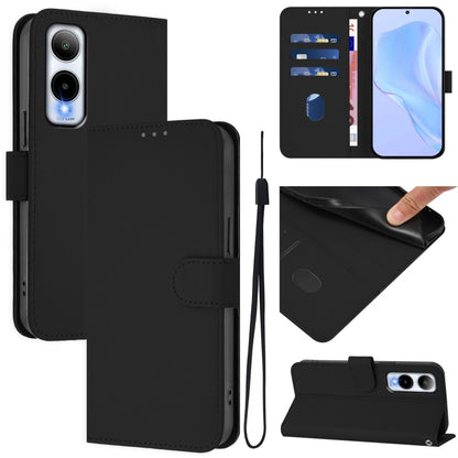 Black leather wallet phone case with lanyard, flip cover, and camera cutout