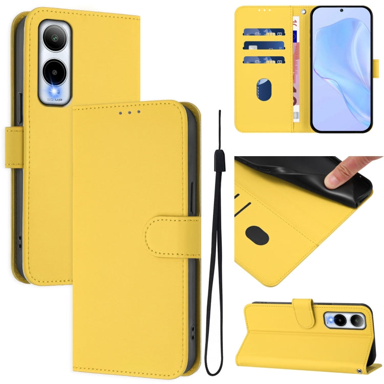 Lemon yellow leather wallet phone case with lanyard, flip cover, and camera cutout