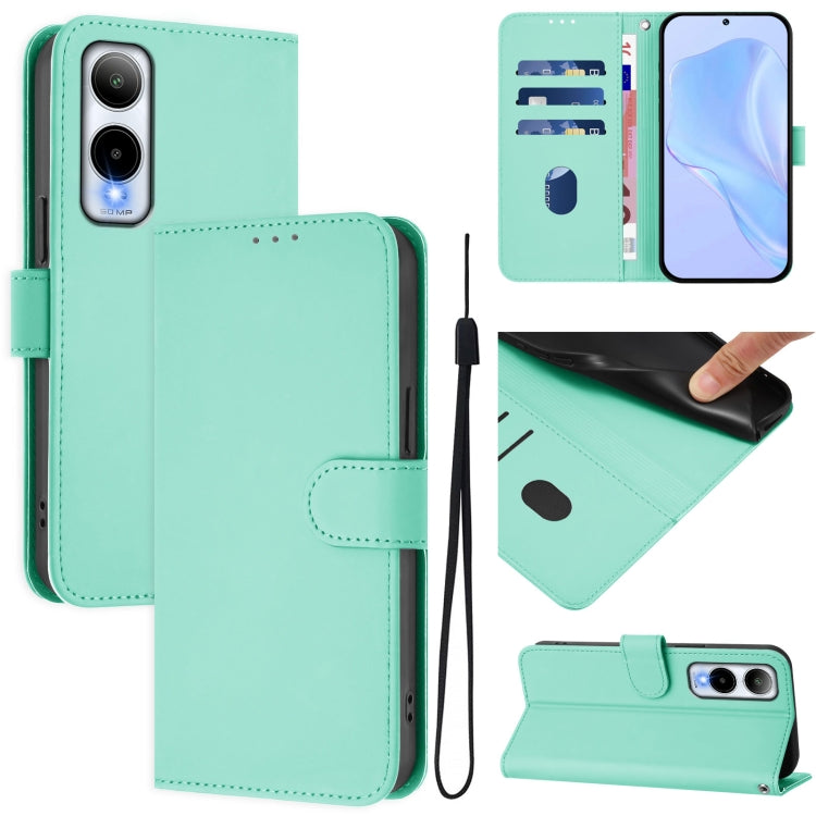Light teal leather wallet phone case with lanyard, flip cover, and camera cutout