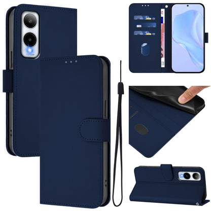 Dark blue leather flip phone case with lanyard strap and card slot
