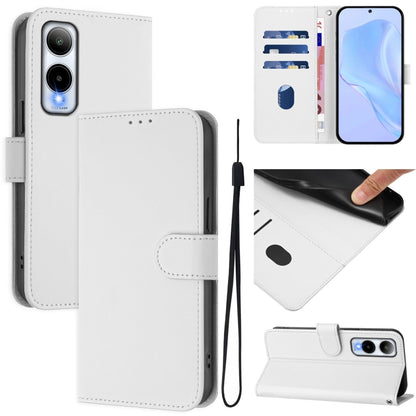 White leather flip phone case with lanyard strap and card slot