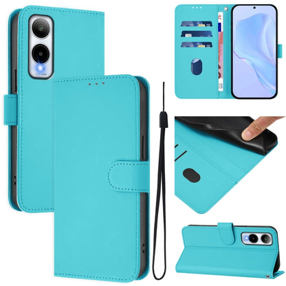 Turquoise leather flip phone case with lanyard strap and card slot