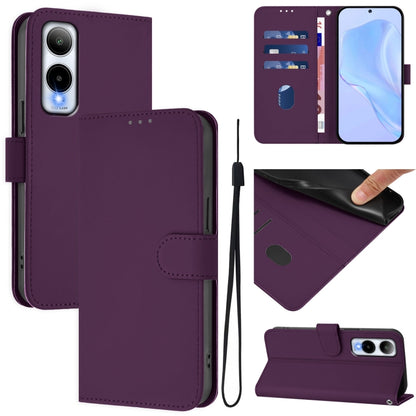 Purple leather flip phone case with lanyard strap and card slot
