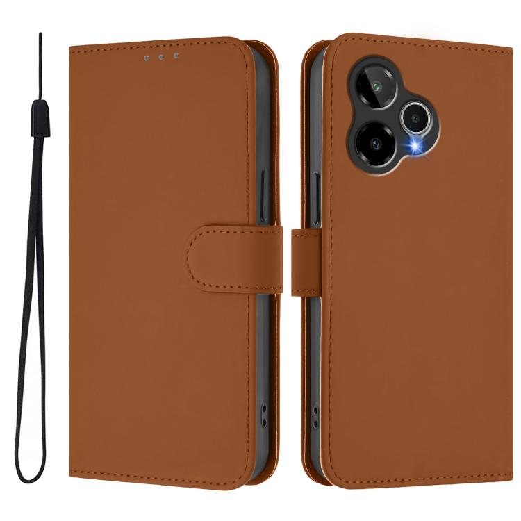Brown leather phone case with flip cover and lanyard cord, shown from front and back
