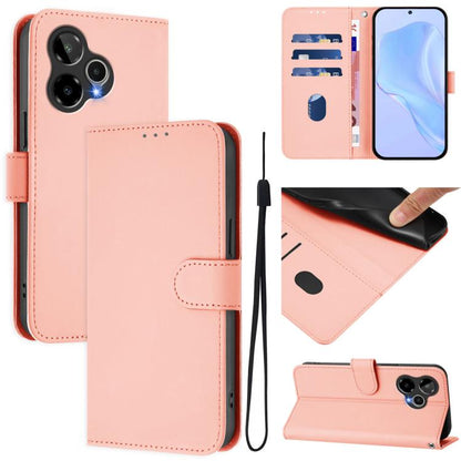 Pink book-style leather phone case with lanyard, card slots, and magnetic flap