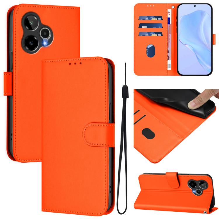 Orange book-style leather phone case with lanyard, card slots, and magnetic flap