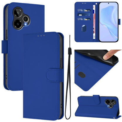 Dark blue book-style leather phone case with lanyard, card slots, and magnetic flap