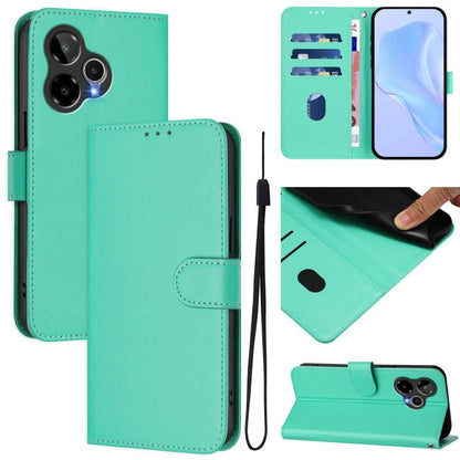 Mint green book-style leather phone case with lanyard, card slots, and magnetic flap