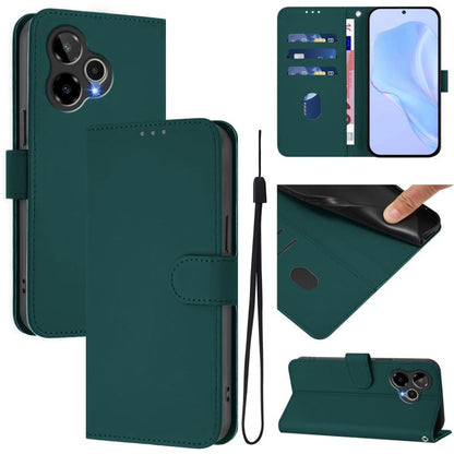 Dark green book-style leather phone case with lanyard, card slots, and magnetic flap