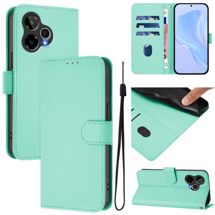 Mint leather phone case with lanyard, folio wallet with card slots and magnetic flap