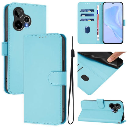 Light blue leather phone case with lanyard, folio wallet with card slots and magnetic flap