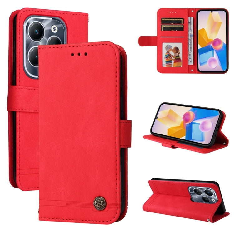 Red leather phone case with metal button, card slots, and magnetic stand