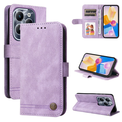 Purple leather phone case with metal button, card slots, and magnetic stand