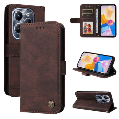 Brown leather phone case with metal button, card slots, and magnetic stand