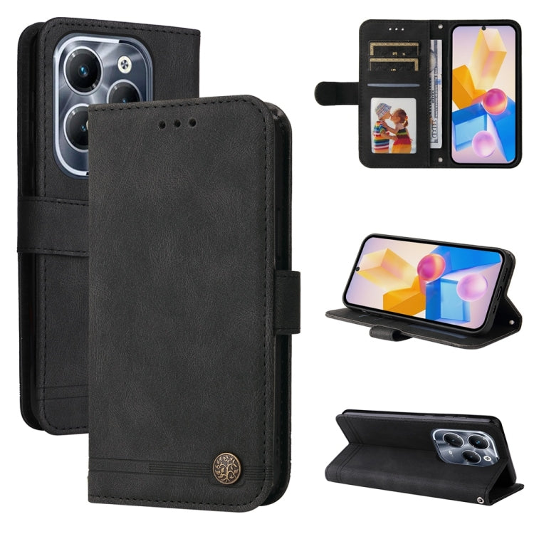 Black leather phone case with metal button, card slots, and magnetic stand