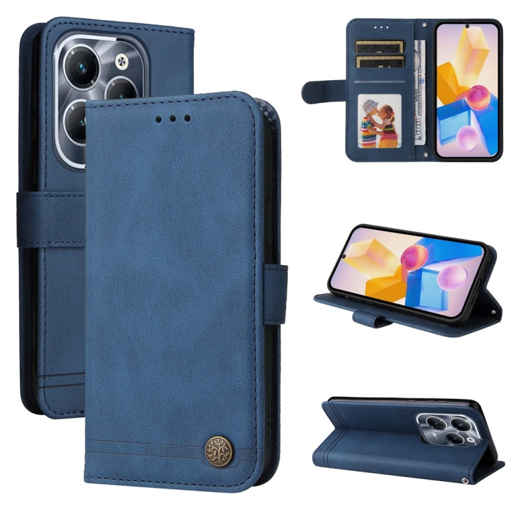 Blue leather phone case with metal button, card slots, and magnetic stand